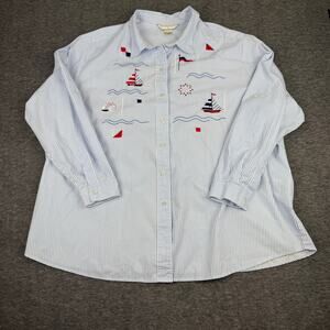 Allison Daley Button Down Nautical Print Stripes Long Sleeve 24W Beach Coastal